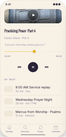 Church & Ministry prototype screen showing Church Calendar