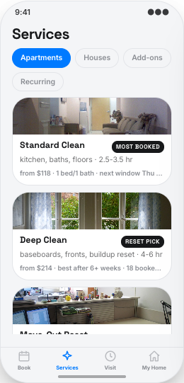 Home Cleaning Service prototype screen showing Service types