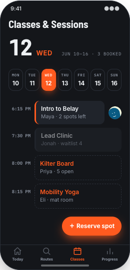Climbing Gym prototype screen showing Fresh reset highlights