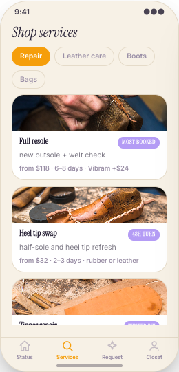 Cobbler & Shoe Repair Shop prototype screen showing Repair Track