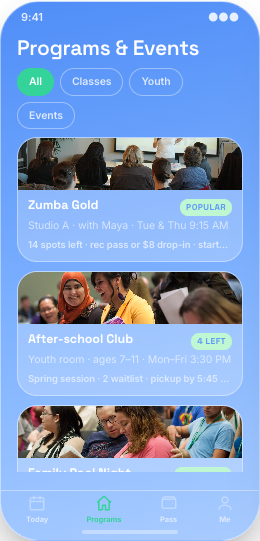 Community Center prototype screen showing Programs & Events