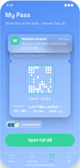 Community Center prototype screen showing Reserve a Spot