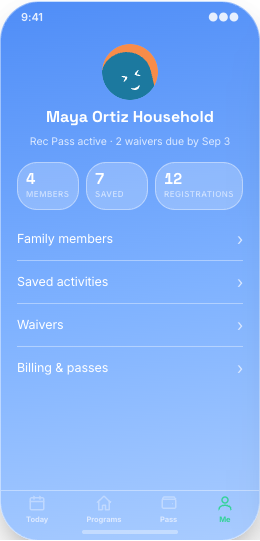 Community Center prototype screen showing Waitlists for full programs