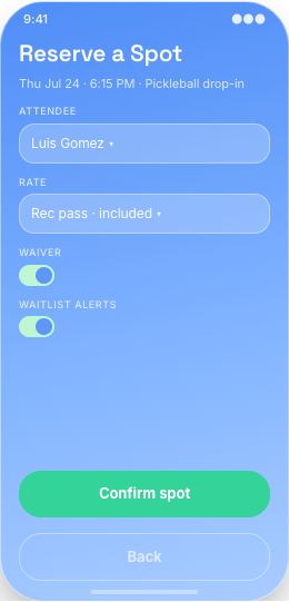 Community Center prototype screen showing My Pass