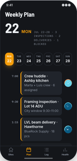 Construction Firm prototype screen showing Weekly Plan