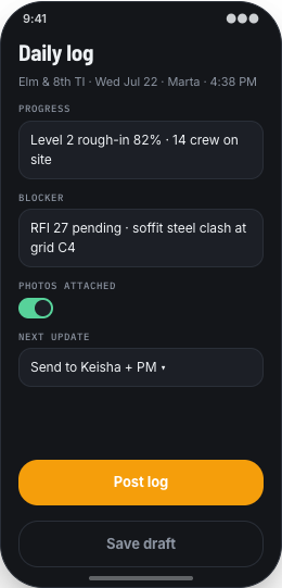 Construction Firm prototype screen showing Daily Log