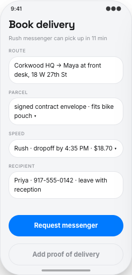 Courier Service prototype screen showing Package size and speed choices