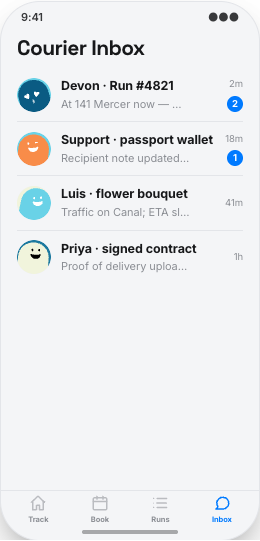 Courier Service prototype screen showing Courier Inbox