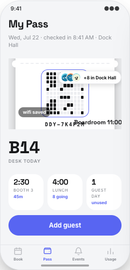 Coworking Space prototype screen showing Meeting room credits