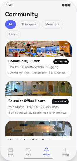 Coworking Space prototype screen showing Fast check-in pass