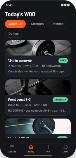 CrossFit Box prototype screen showing One-tap class reservation