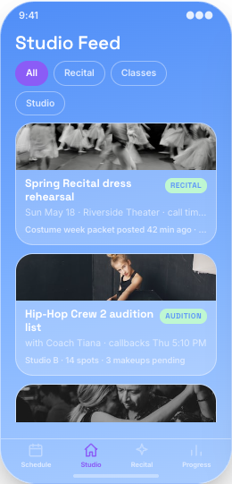 Dance Studio prototype screen showing Makeup class reservations