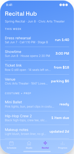 Dance Studio prototype screen showing Recital Hub