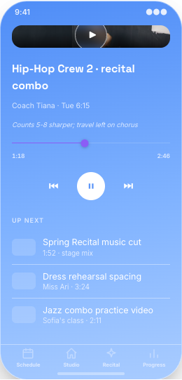 Dance Studio prototype screen showing Dancer Progress