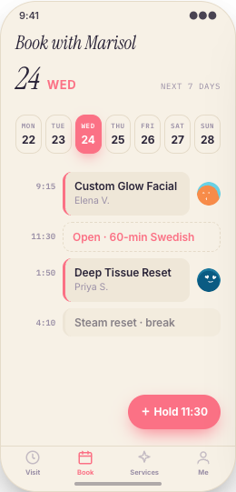 Day Spa prototype screen showing Spa Menu