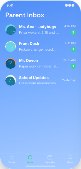 Daycare & Childcare Center prototype screen showing Care Update