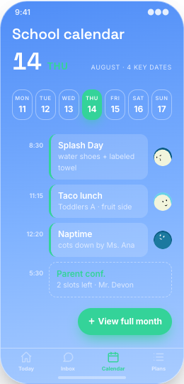 Daycare & Childcare Center prototype screen showing Bluebirds Chat