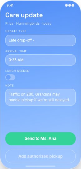 Daycare & Childcare Center prototype screen showing Pickup plan messages