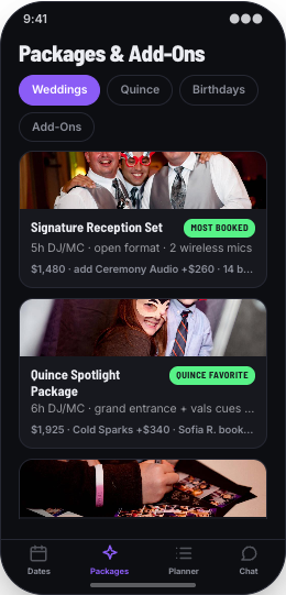 DJ Service prototype screen showing Packages & Add-Ons