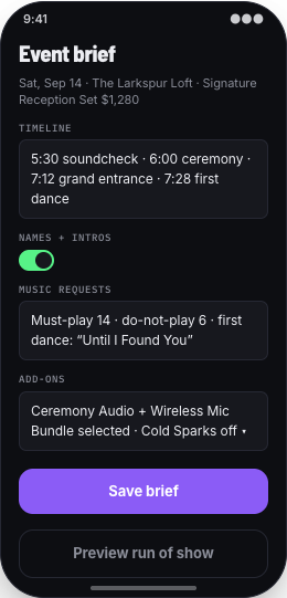 DJ Service prototype screen showing Event Planner