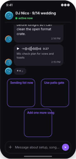 DJ Service prototype screen showing Must-play and do-not-play lists