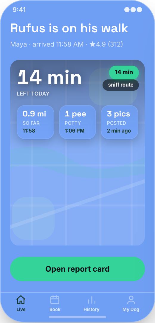 Dog Walking Service prototype showing Schedule and repeat walks