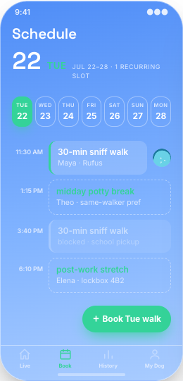 Dog Walking Service prototype screen showing Live Walk screen