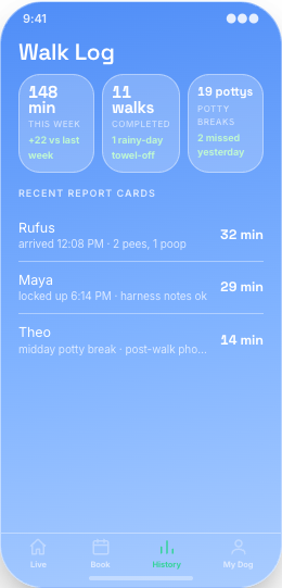 Dog Walking Service prototype screen showing Arrival and lock-up confirmation