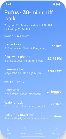 Dog Walking Service prototype screen showing Walk Log