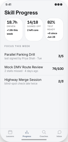 Driving School prototype screen showing Pickup details for each lesson