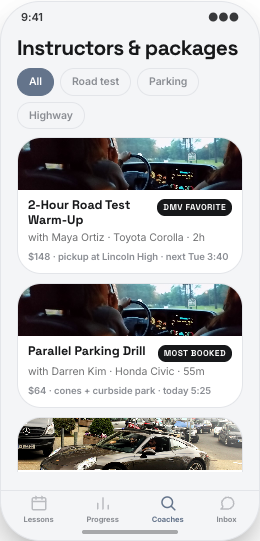 Driving School prototype screen showing Skill Progress