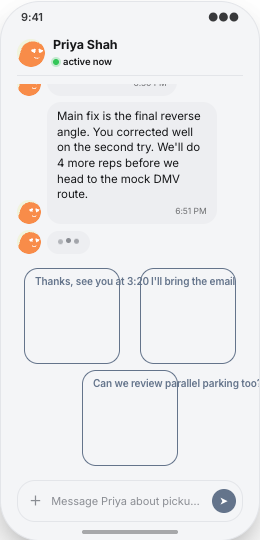 Driving School prototype screen showing Lesson Chat