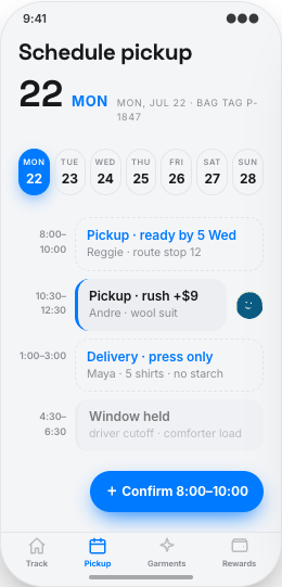 Dry Cleaner & Laundry Service prototype screen showing Pickup and delivery windows