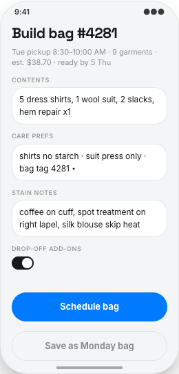Dry Cleaner & Laundry Service prototype screen showing Bag builder