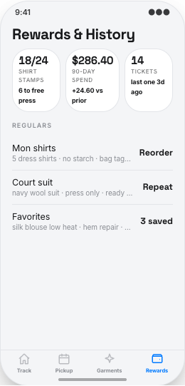Dry Cleaner & Laundry Service prototype screen showing Stain and care notes