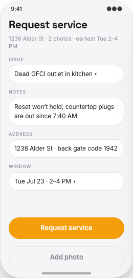 Electrician & Electrical Contractor prototype screen showing Clear service requests