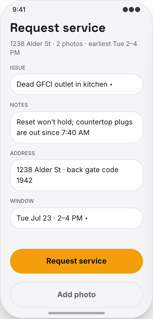 Electrician & Electrical Contractor prototype showing Clear service requests
