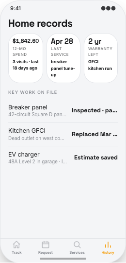 Electrician & Electrical Contractor prototype screen showing Common jobs menu