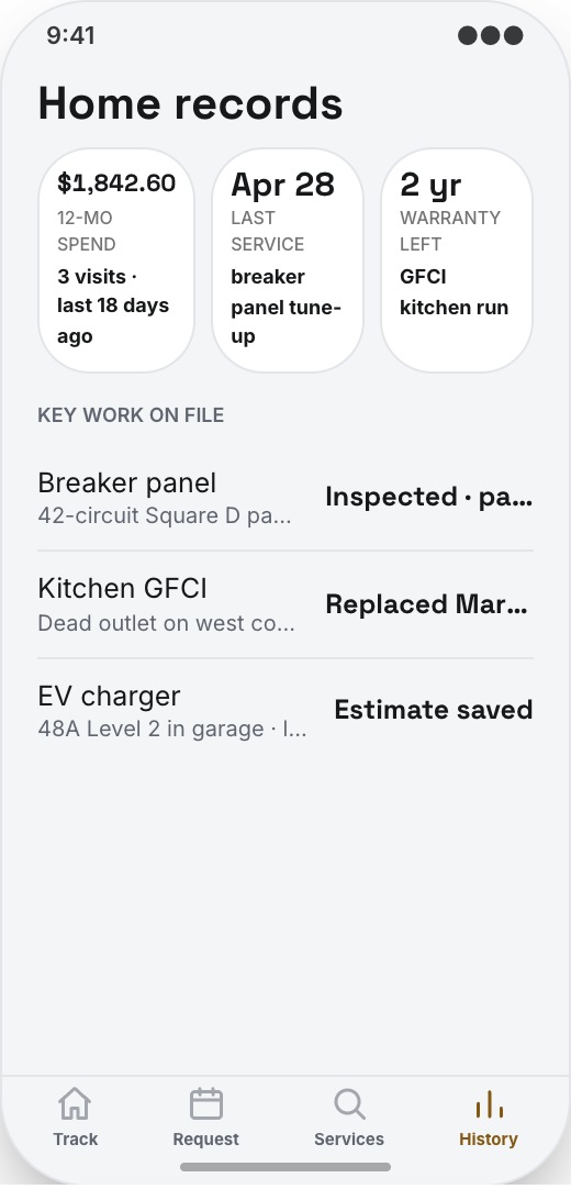 Electrician & Electrical Contractor prototype screen showing Common jobs menu