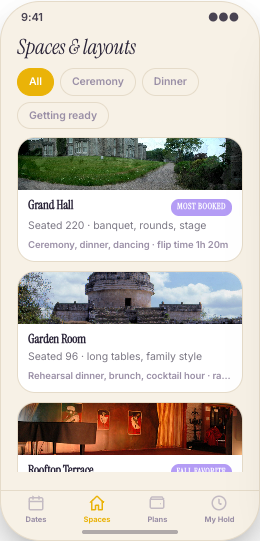 Event Venue prototype screen showing Setup style previews