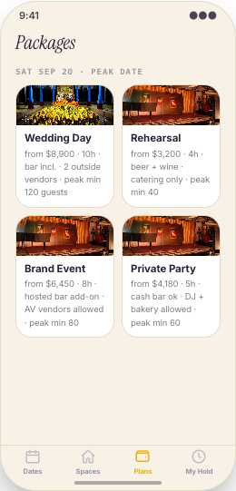 Event Venue prototype screen showing Open Dates screen