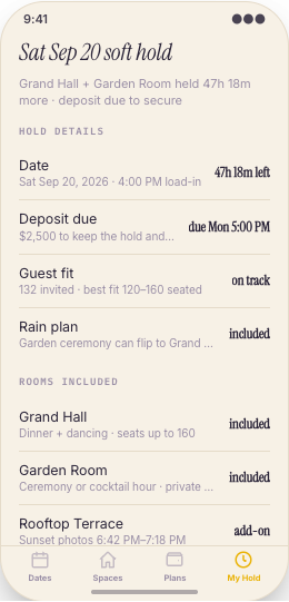 Event Venue prototype screen showing Tour time booking