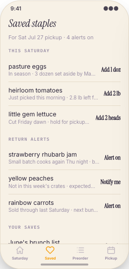 Farmers Market Vendor prototype screen showing Harvest notes and photos