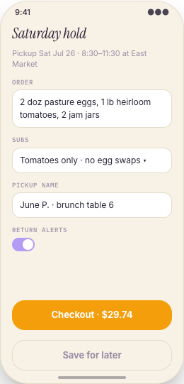 Farmers Market Vendor prototype screen showing Favorites and return alerts