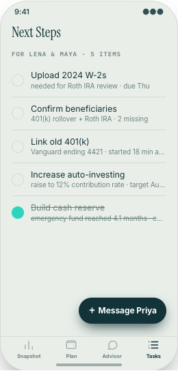 Financial Advisor prototype screen showing Next Steps task list