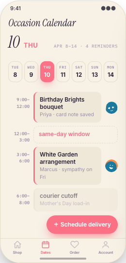 Florist & Flower Delivery prototype screen showing Browse by mood, price, and recipient