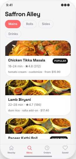 Food Delivery Service prototype screen showing Restaurant and ETA comparison