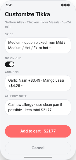 Food Delivery Service prototype screen showing Live Order tracking