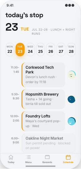 Food Truck prototype screen showing Sold-out items