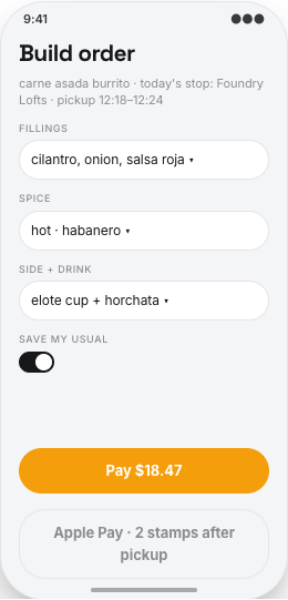 Food Truck prototype screen showing Build Order screen